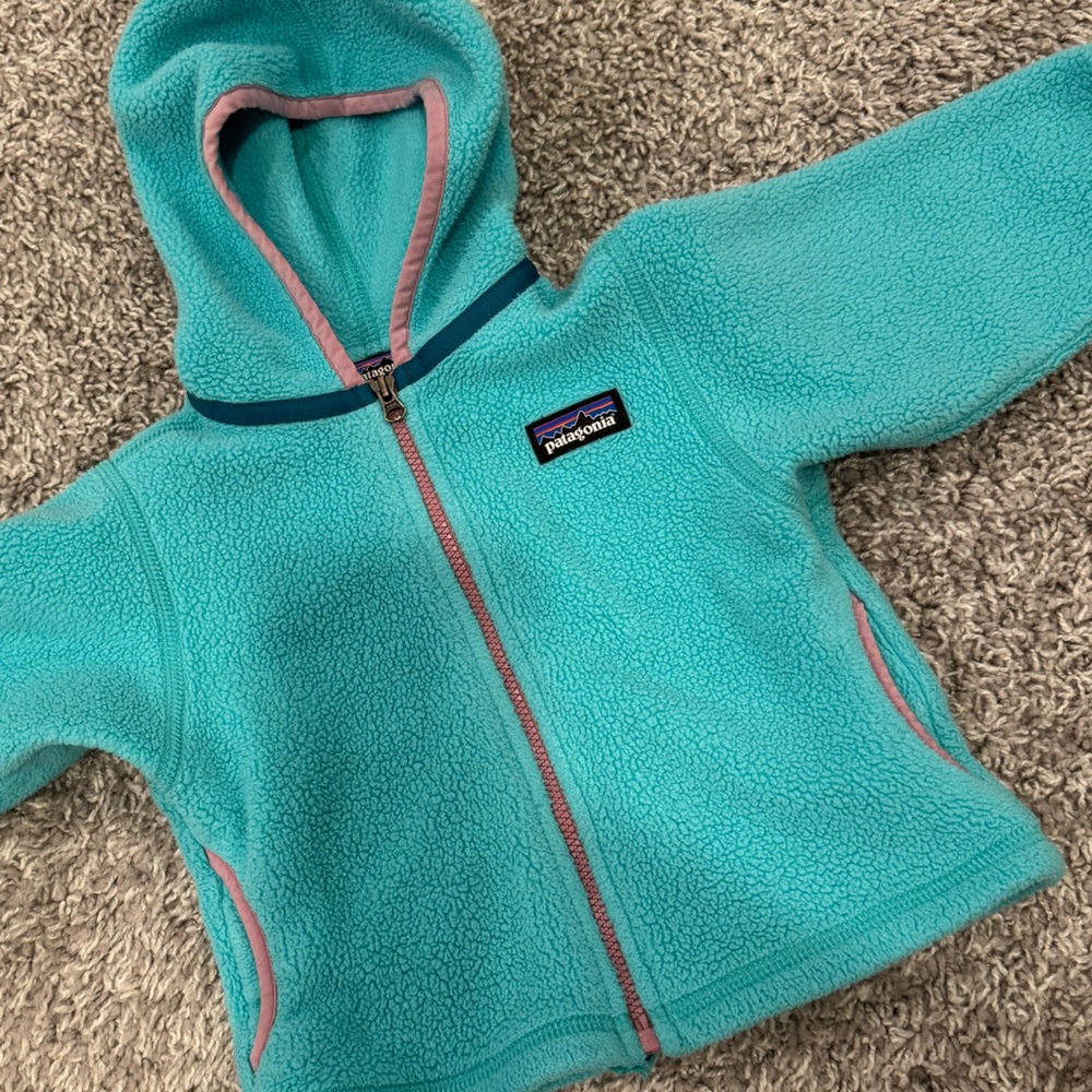 Patagonia Kids Teal/Turquoise Fleece Jacket with Pink Trim